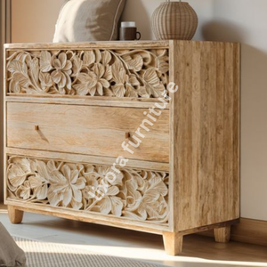 Commode à 3 tiroirs en bois massif artisanal de luxe, ornée de sculptures florales tropicales, finition naturelle en bois de manguier - Product Image 4
