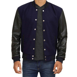 <b>Men's</b> Wool Varsity <b>Jacket</b> Genuine Leather Sleeves Custom Letterman Baseball <b>Bomber</b> Coat Snap Closure Side Pockets Polyester - Product Image 1