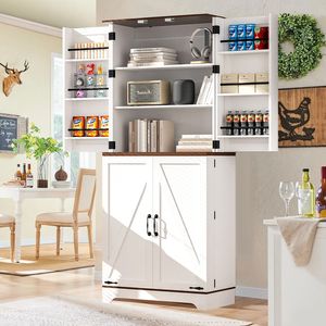 Credenza da Cucina Alta 75 Pollici Bianca e Marrone, Armadio Rustico con Porte Scorrevoli, Ripiani Regolabili e Cassetto - Product Image 5