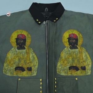 Blouson bomber homme vert olive de haute qualité avec imprimé Jésus, détails rivets, style streetwear, col rabattable, fermeture éclair, idéal pour l'automne - Product Image 6