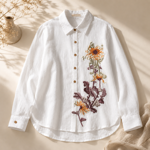 Camisa de Manga Larga de Algodón Blanco para Mujer, Blusa Casual con Botones y Bordado Floral Grande para Venta al por Mayor B2B - Product Image 3