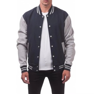 Men's Varsity <b>Jacket</b> <b>Navy</b> <b>Blue</b> Gray Sleeve <b>Fleece</b> Casual Baseball Style Button Closure Turn-down Collar Autumn Wear - Product Image 1