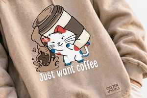 <b>Women's</b> Oversized <b>Beige</b> <b>Hoodie</b> Cartoon Cat Coffee Print Sweatshirt Casual Fleece Pullover - Product Image 6
