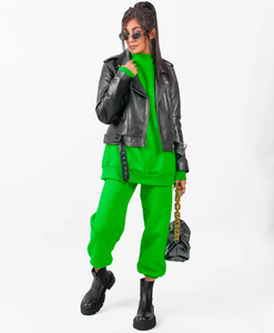OEM Women Neon Green Crewneck Sweatshirt and Cuffed Sweatpants <b>Set</b> Custom Streetwear Tracksuit Supplier - Product Image 5