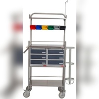 Chariot d'urgence en acier inoxydable avec tiroirs, bacs et porte-oxygène – Mobilier hospitalier