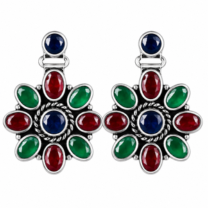 Direct Factory Multi Gemstone <b>Oxidized</b> Silver Antique Silver Plated Bohemian Floral Drop Earrings | Women's Party Bulk Supplier - Product Image 1