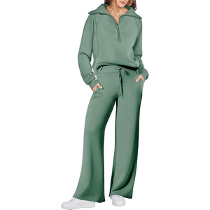 Wholesale Women's Two Piece Casual Quarter Zipper Sweatshirt & Wide Leg Sweatpants <b>Tracksuit</b> Set Loose Outfit With Custom Logo - Product Image 1