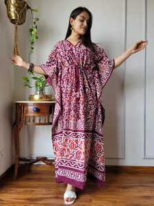 Women's 100% Cotton Printed Kaftan Vintage Floral Loose Fit Knee V Neck Casual Party Wear Anti-Wrinkle Summer Autumn Spring - Product Image 1
