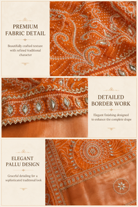Sari en soie Bandhani orange avec bordure ornée de miroirs, élégant vêtement indien pour mariage, sari de créateur pour femmes, vente en gros - Product Image 5