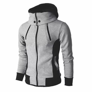 Grey Black <b>Mens</b> Hooded Jacket High Collar Double Zip Contrast Panel Cotton Fleece Hooded Sweatshirt Jacket Slim Warm - Product Image 1