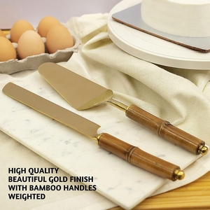 <b>Vintage</b> Elegant Gold Stainless Steel Cake Server <b>Set</b> with Ribbed Wooden Handles, Deluxe Dessert <b>Cutlery</b> for Birthdays & Gifting - Product Image 3