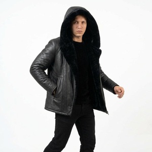 Men's <b>Hooded</b> Genuine Leather <b>Jacket</b> Shearling Faux <b>Fur</b> Lining Zipper Closure Winter Moto Biker Style Thick Regular Fit - Product Image 4