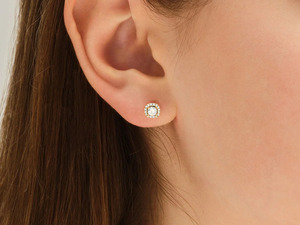 Yellow Gold Round <b>Halo</b> Lab Grown Diamond Stud <b>Earrings</b> - Product Image 3