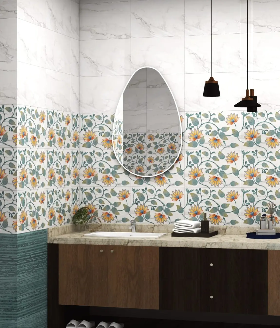 Made in India ultimo design floreale con ampia gamma disponibile e piastrelle di colori bianchi verdi per parete e pavimento del bagno per hotel