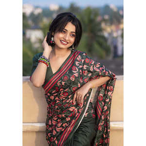 Sari en soie Kolam imprimé Katha, couleur vert bouteille, pour robes de cocktail - Product Image 1