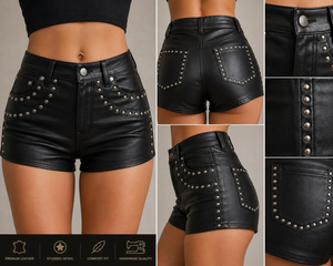 Shorts de Cuero Negro de Cintura Alta con Tachuelas y Detalles de Remaches, Estilo Motero, Ajuste Premium para Mujer - Product Image 5