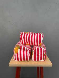 Ensemble de sacs fourre-tout en coton rayés rouge et blanc avec motif citron brodé, style vintage, 3 pièces, usage quotidien, commande en gros - Product Image 3