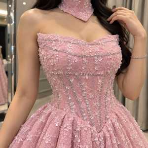 Pink <b>Ball</b> Gown Women Designer Evening Dress Embellished Lace Sequin Floral Beaded Corset Bodice Off-Shoulder Sweetheart Neckline - Product Image 3