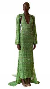 Elegante Vestido de Novia de Talla Grande con Encaje, Manga Larga, Largo hasta el Suelo, con Bordado de Pedrería, Cintura Imperio, Lujoso para Fiestas de Noche - Product Image 4