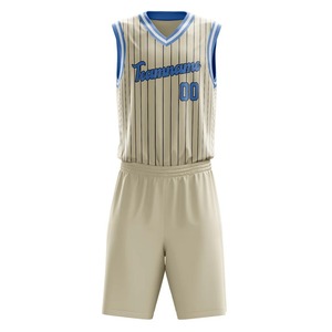 Conjunto de Camiseta de Baloncesto Sublimada Personalizada, Beige con Rayas Azules, Cuello en V, Sin Mangas, Unisex para Adultos, Impresión con Nombre del Equipo, Absorbe la Humedad - Product Image 4