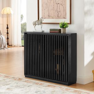Mid Century Modern Fluted Black <b>Sideboard</b> Cabinet with 2 Outlet Holes Living Room Buffet <b>Storage</b> - Product Image 2