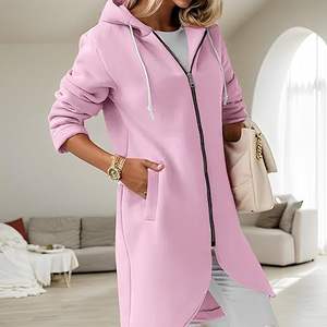 Sudadera con capucha extragrande con cremallera larga para mujer, estilo informal, tipo túnica, de manga larga, con frente abierto y bolsillos. - Product Image 3