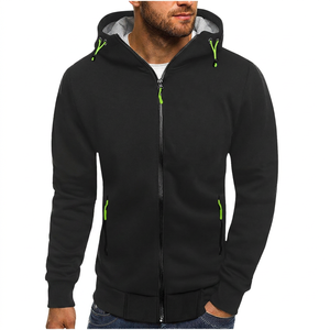 Men's Black Hooded Zipper Sweatshirt Regular Fit Solid Color Casual French Terry <b>Jacket</b> with Green Accents Autumn Wear - Product Image 1