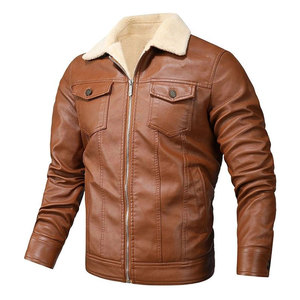 Blouson moto en cuir véritable brun tanné pour homme, doublure en sherpa, fermeture éclair, col rabattable, logo sur le devant, coupe-vent, vêtements d'hiver - Product Image 1