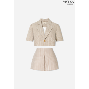 Ensemble gilet court et short en tweed uni pour femme VIVI KA, beige, en spandex/polyester, avec short à boutons au-dessus du genou, anti-boulochage, idéal pour le bureau - Product Image 6