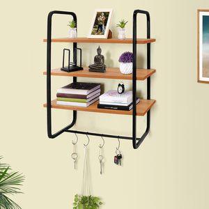 Modern Wooden Wall Shelf with Metal <b>Frame</b> 3-Tier <b>Floating</b> Bookshelf for Home Living Room Bedroom Display with Key Hooks - Product Image 2