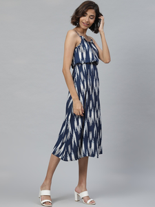 Women's Rayon Ikat Printed <b>Spaghetti</b> <b>Strap</b> Ruffle Neck Cami Dress Indigo Colour Casual Summer Comfortable Wear Western Dress - Product Image 4