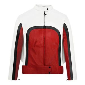 Blouson moto en PU pour homme, color block rouge, blanc, noir, col montant, fermeture éclair, coupe classique, style automne - Product Image 1