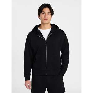 Men's <b>Black</b> Hooded Zip-Up <b>Sweatshirt</b> Regular Fit Cotton French Terry Solid Color Pocket Design Spring Season - Product Image 1