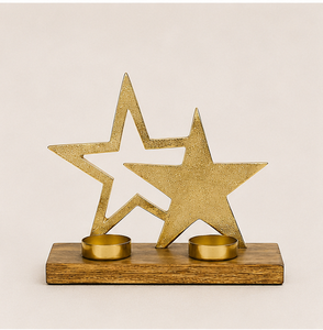 Modern Luxury Gold Aluminum Star Candle Holder Set On Rustic Wooden Base Premium <b>Christmas</b> Holiday Table Decor & Tealight Stand - Product Image 5