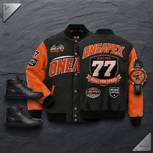 Men's Black Orange <b>Racing</b> <b>Jacket</b> Leather Sleeves Letterman Bomber <b>Jacket</b> Motorsport Streetwear Custom Wholesale - Product Image 5