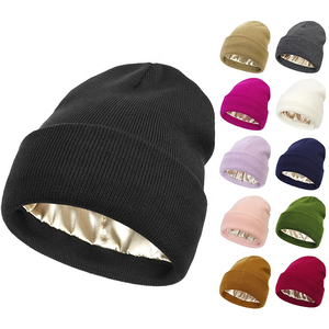 Bonnet en acrylique doublé satin, bonnet d'hiver tricoté, couleur unie, bonnet à revers, unisexe, décontracté, chaud, pour adultes - Product Image 1
