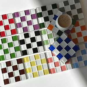 Square Mosaic <b>Glass</b> Coaster Set Checkerboard <b>Table</b> Surface Protector <b>Mat</b> Heat Proof Beverage Holder Pad For Glassware Drinking C - Product Image 3