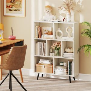 Libreria Moderna a 3 Livelli e 7 Cubi in Legno con 4 Gambe in Metallo, Scaffale Angolare Organizzatore per Soggiorno o Hotel - Product Image 1