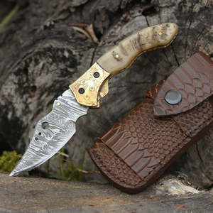 OEM Handmade Industrial Grade Damascus Steel Hunting Knife Clip Point Blade Ram Horn Brass Frame Foldable Pocket Knife Leather - Product Image 1