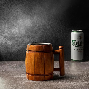 Chope à bière artisanale en bois avec tasse en acier inoxydable, mug vintage avec poignée, chope à bière pour bar à domicile, fête ou festival - Product Image 2