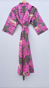 ชุดนอนลายเสือสีชมพู เสื้อคลุมกิโมโนผ้าฝ้าย เสื้อคลุมอาบน้ำแบบอินเดีย - Product Image 4