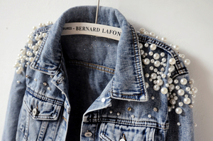 Veste en jean pour femme ornée de perles, brodée, à manches longues, coupe oversize, style streetwear, manteau en jean haut de gamme - Product Image 5