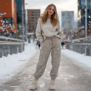 Pantalones de chándal de felpa francesa 100% algodón con pedrería para mujer, joggers de streetwear, pantalones de pijama de invierno con pedrería - Product Image 1
