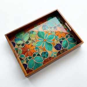Plateau de service en bois fait main, vente en gros, personnalisé OEM ODM, décor floral mandala émaillé, plateau de service DECORYUG - Product Image 1