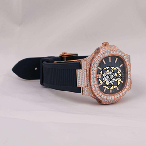 Luxury Diamond Encrusted Analog Quartz Watch <b>Rose</b> Gold Polygon Case <b>Black</b> Silicone Band Roman Numeral Dial Sapphire Crystal - Product Image 3