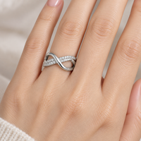 Crossover 925 Sterling Silver Zircon Ring with Polished Curve and Double Pave Row