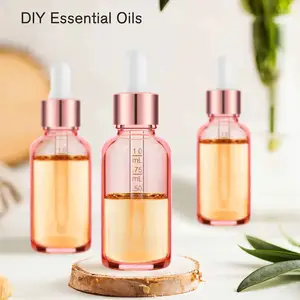 Botella de aceite de pelo de plástico rosa de cuello ancho de oro rosa con tapa de aluminio a prueba de hojas pipeta personalizada tintura esencial