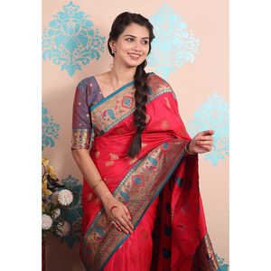Sari en soie Paithani tissé avec des fils de zari roses, vêtements indiens et pakistanais - Product Image 4