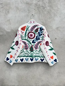 Women <b>White</b> Cotton Suzani Embroidered <b>Jacket</b> Multicolor Floral Handcrafted Boho Ethnic Stand Collar <b>Short</b> Coat - Product Image 5