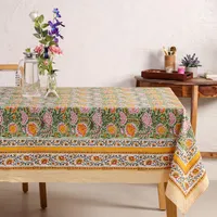 Nappe carrée en coton moderne, lavable, imprimée de motifs floraux faits à la main, verte et jaune, création Bohème, décoration de mariage